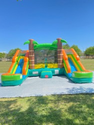 dual lanes tropical bounce house combo Tropical Side Lanes Bouncy Combo (Wet/Dry)