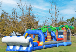 shark obstacle bouncy slip n slide for rent 1773763688 Shark Obstacle Bouncer + Dual Lane Slip N Slide (Wet)